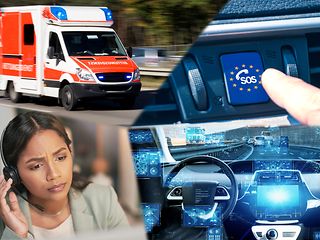 Unfall-Fahrzeug und Notrufzentrale. Ein Rettungswagen wird zum Unfallort geschickt.