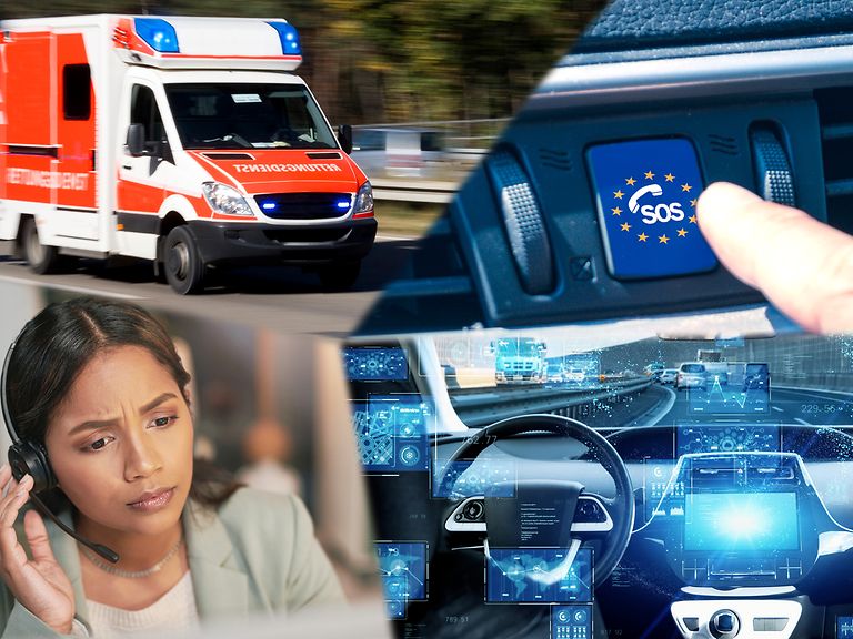 Unfall-Fahrzeug und Notrufzentrale. Ein Rettungswagen wird zum Unfallort geschickt.