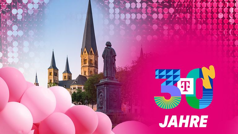 Ausschnitt des Bonner Münsterplatzes, umrahmt von Magenta Elementen.