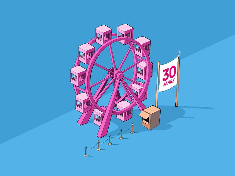 Ein Riesenrad und eine Fahne, auf der steht: 30 Jahre.