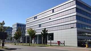 view of the main entrance of Telekom building in Darmstadt