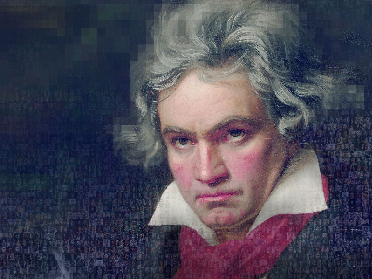 Beethoven portrait composed of many small pictures.