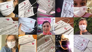 A collage of many Telekom employees wearing masks.