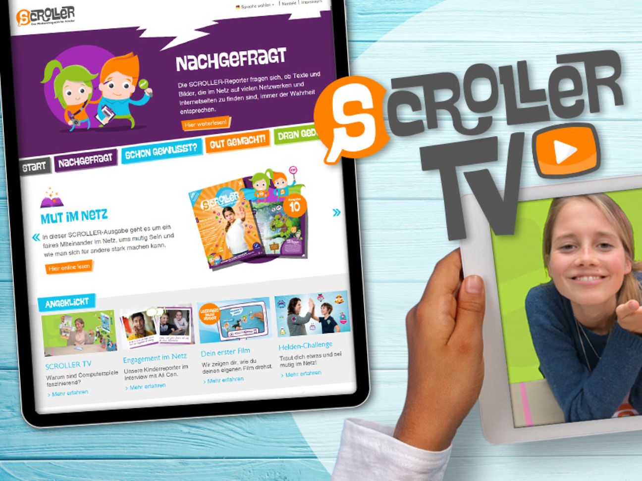 You see a photo montage depicting two tablet PCs, whose screens display the websites of Teachtoday and SCROLLER. 