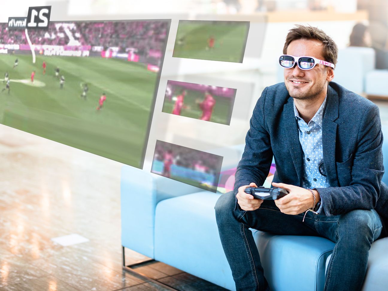 Mann mit Mixed-Reality-Brille schaut Fernsehen und sieht zusätzlich eingeblendete Informationen. 