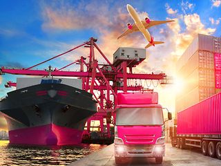 Container port with ship, truck, plane.