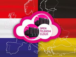 A cloud with three server cabinets and the German and the Dutch flags can be seen.