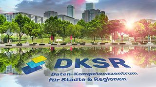 Illustration city and logo Datenkompetenzzentrum für Städte und Regionen - DKSR. 