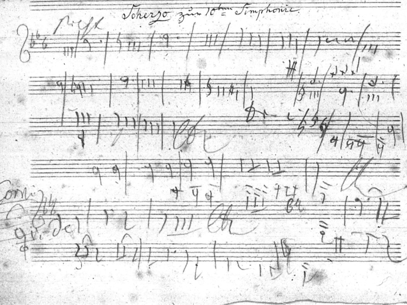 Original sketch of Beethoven on the Scherzo theme in the third movement of the 10th Symphony.