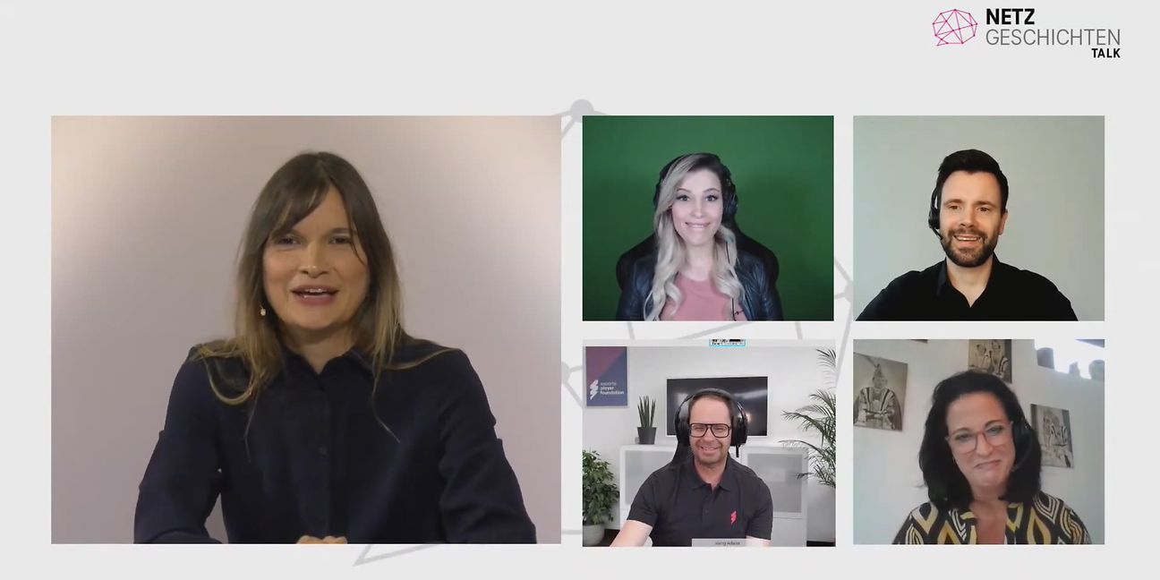 Gegen Hass im Gaming: Nadine Kreutzer, Melek ‚m3lly‘ Balgün, Felix Falk, Jörg Adami und Barbara Costanzo (im Uhrzeigersinn)