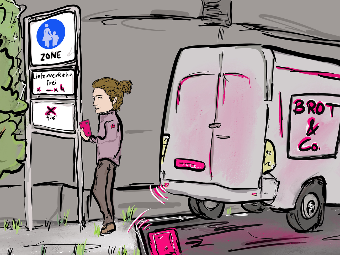 Zeichnung René Jeroch: Lieferwagen auf vernetztem Parkplatz in der Lieferzone.