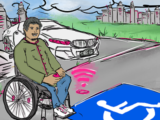 Drawing René Jeroch: Man in wheelchair at connected parking lot.