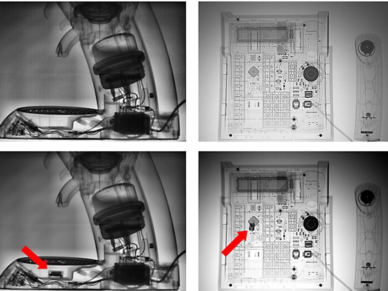Röntgenaufnahmen von Telefon und Kaffeemaschine - mit und ohne Wanzen